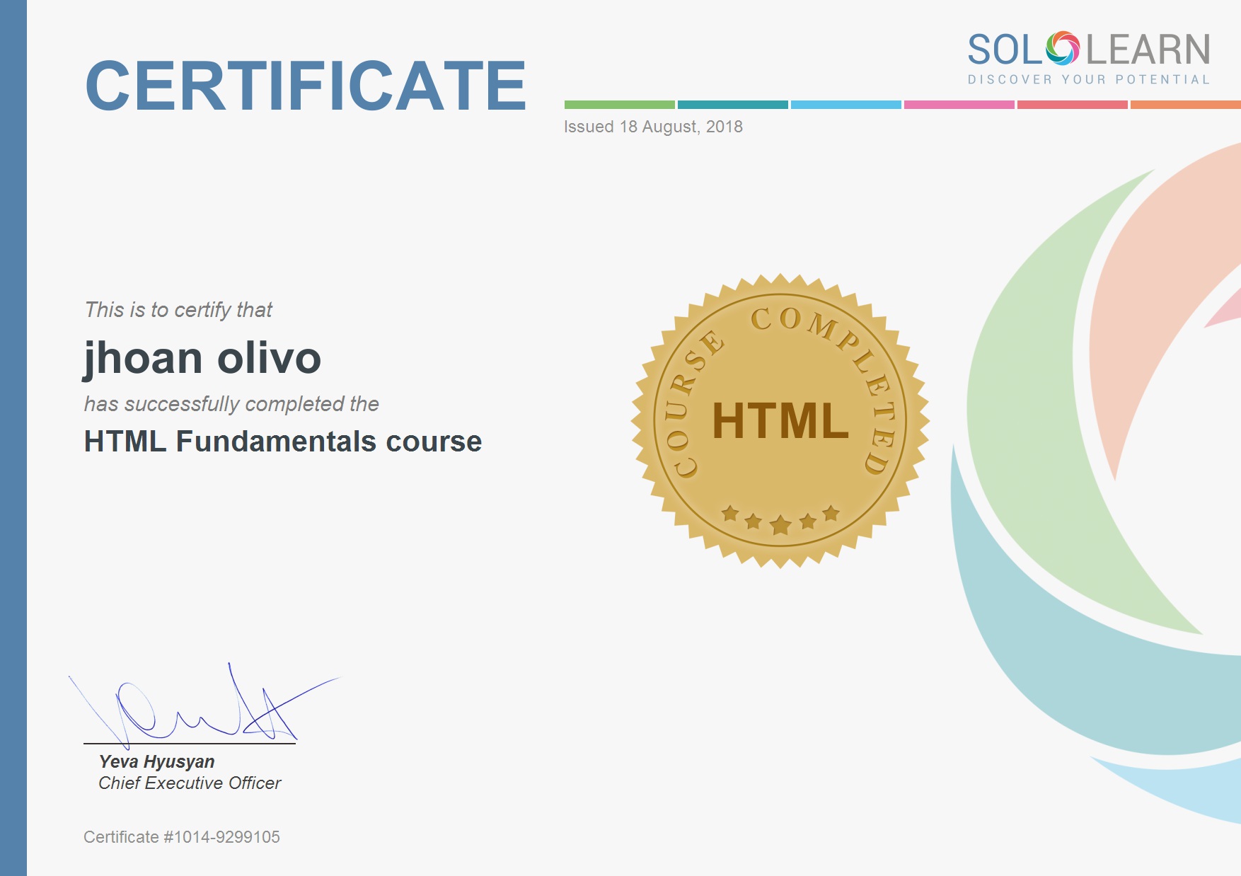 Certificado de la aplicacion Sololearn en fundamentos de html